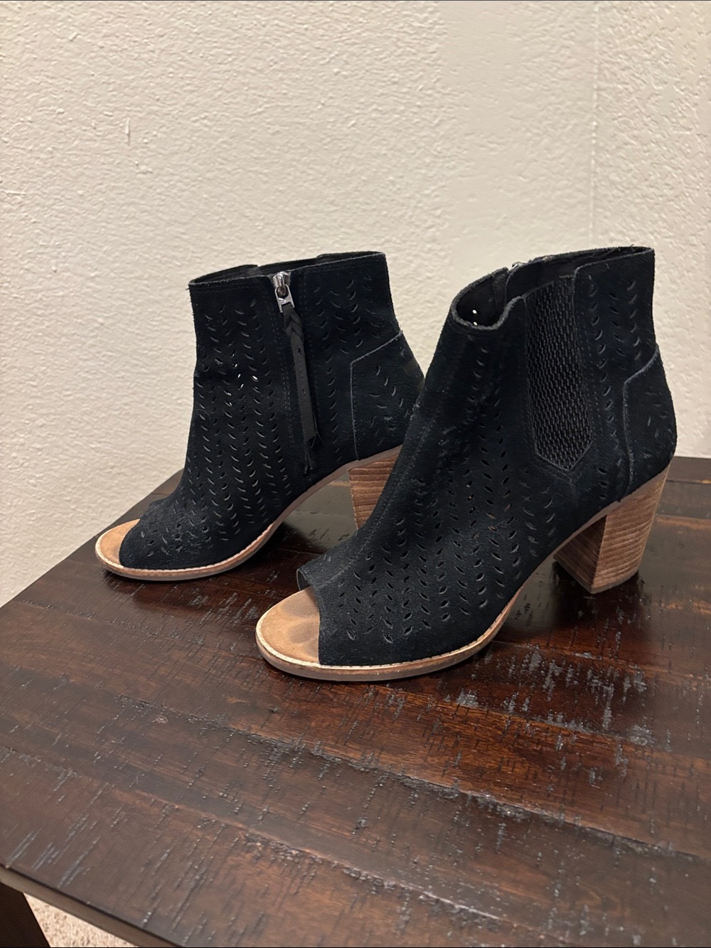 Toms Black Suede Peep-Toe Ankle Booties with Block Heel